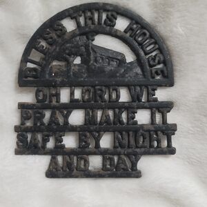 Vtg Cast Iron‎ Trivet Bless This House OH Lord We Pray Make It Safe Plaque